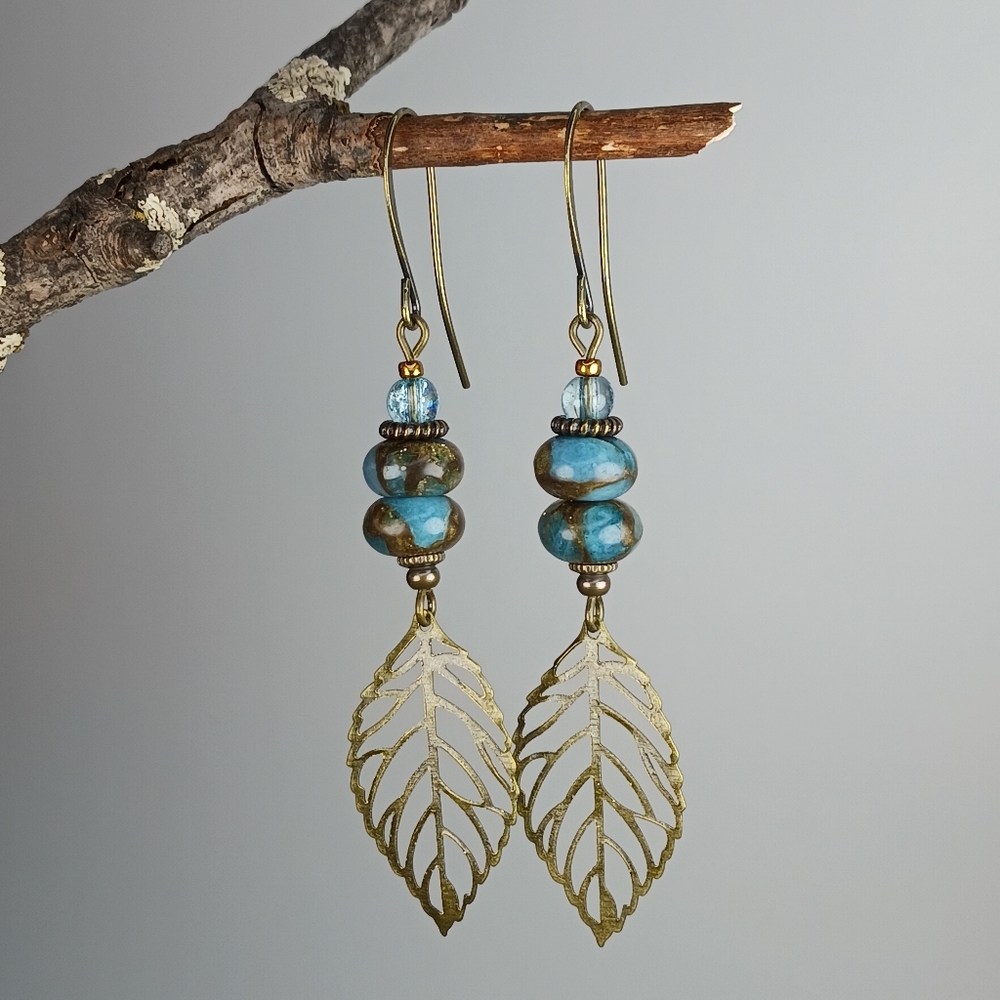 HAND CRAFTED Boho Blue Jasper Brass Leaf Dangle Drop Earrings